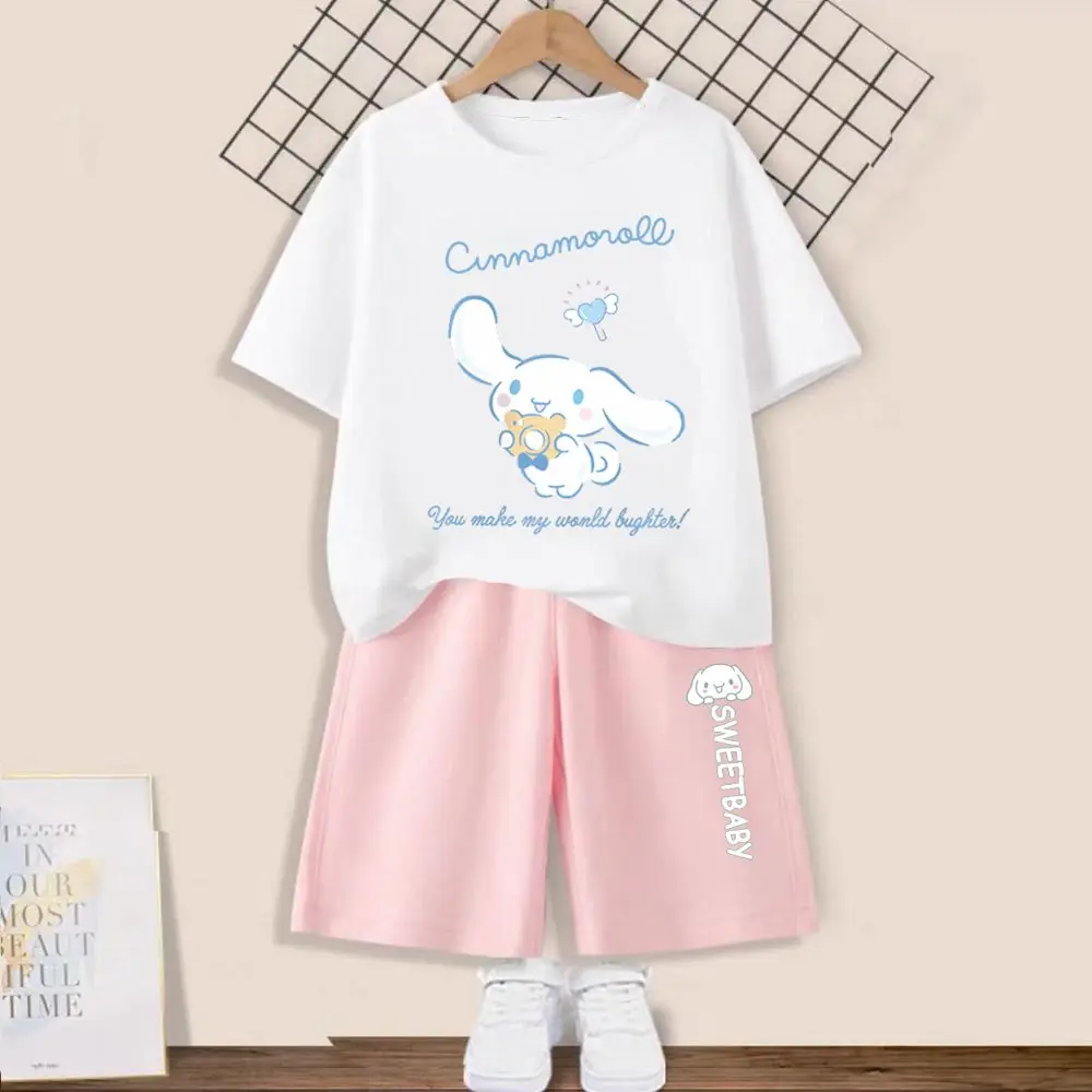 

Sanrio Cinnamoroll Children T-Shirt Shorts Pure Cotton Set Cute Girls Summer Casual Sports Suit Cartoon Children Clothing Gift