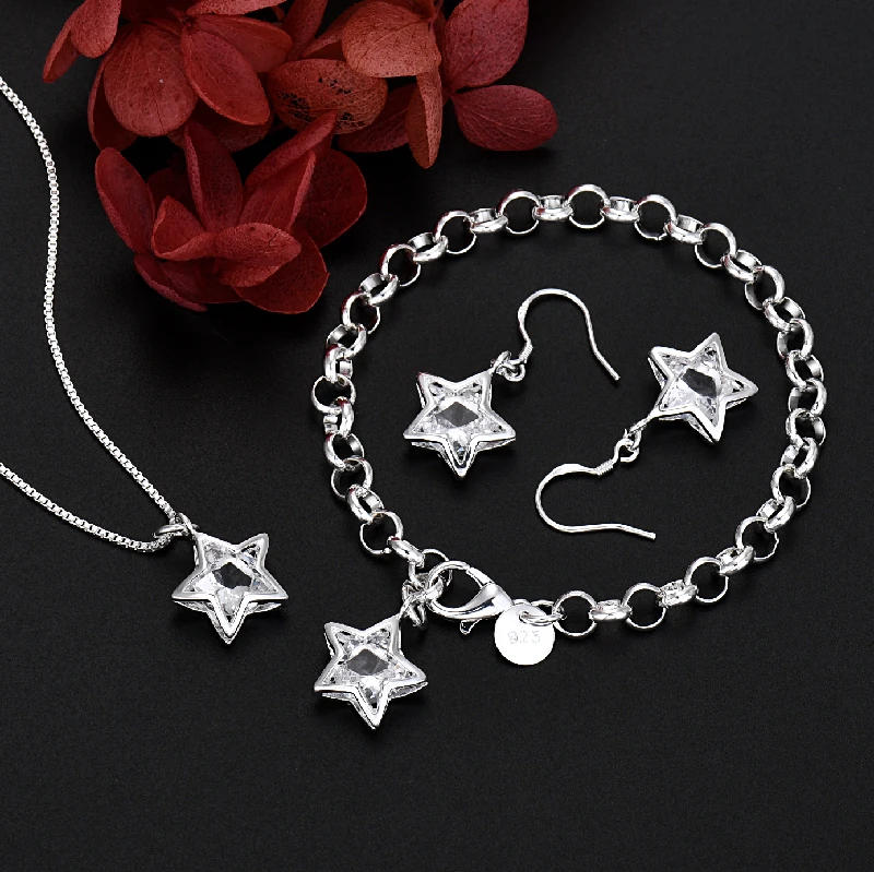 

925 sterling silver fashionable charm jewelry women's set necklace pentagram zircon crystal bracelet earrings Christmas gift