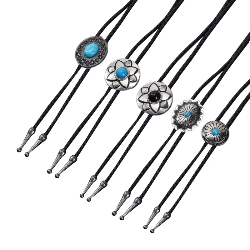 

5Pcs Bolo Tie Necktie Artificial Leather Braided Rope Necklace with Metal Flower Stone Jewelry Cowboy Vintage Neckwear
