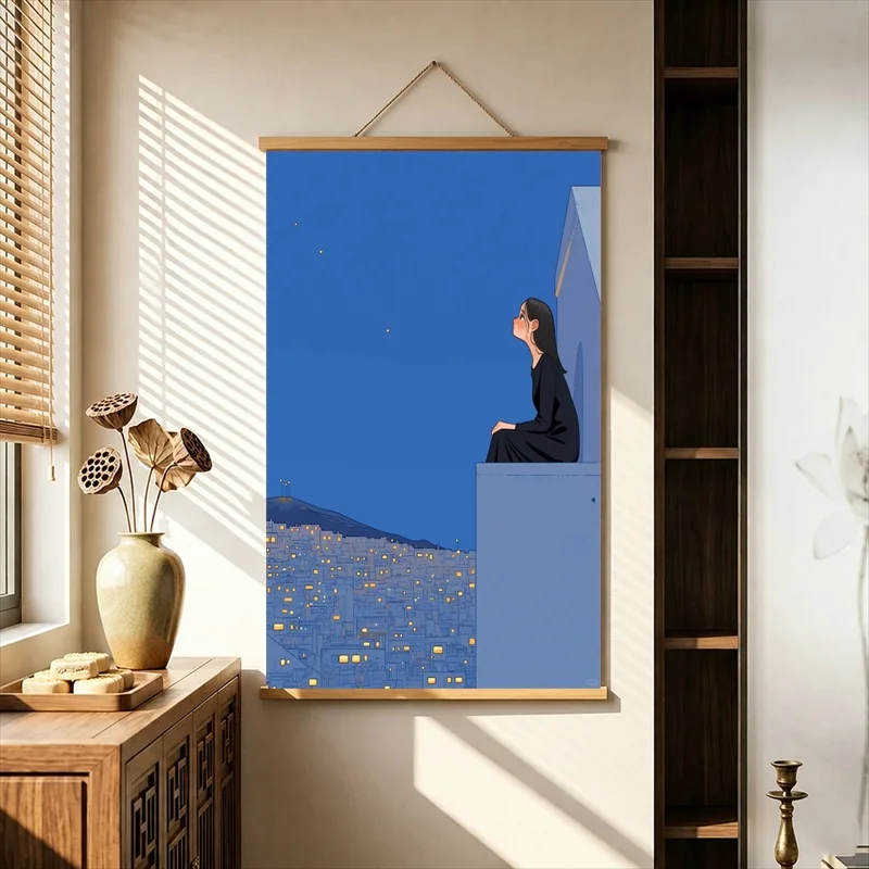 Room Decor Aesthetic Solitary Figures above a Blue Night City, Pearlescent Canvas Hanging Scroll for Digital Detox Corner Decor