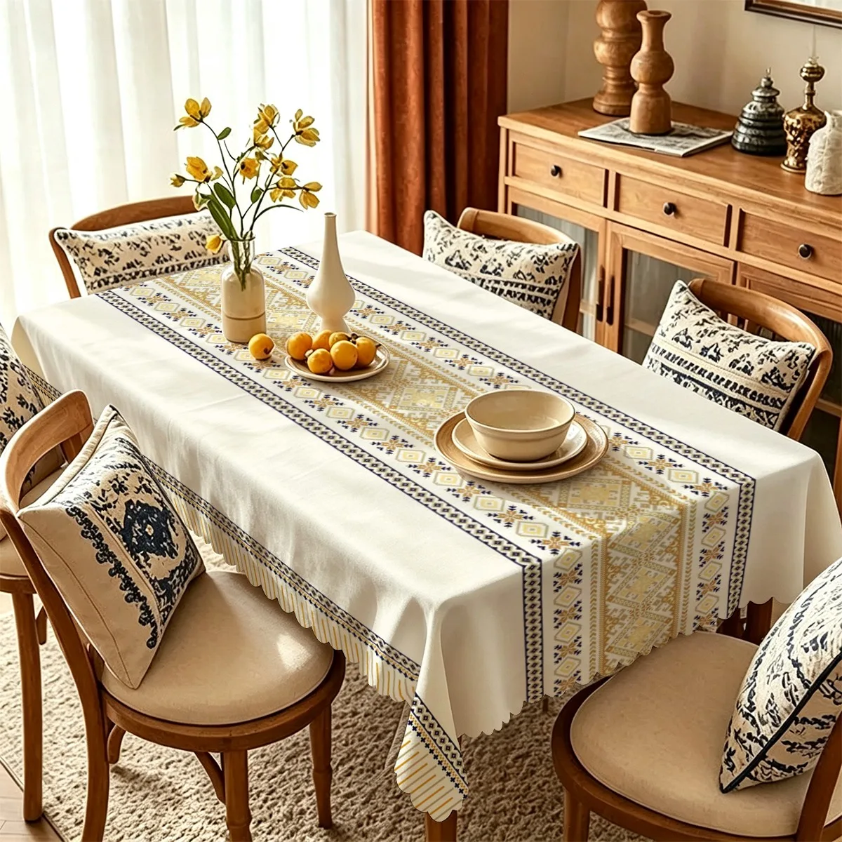 Luxurious Polyester Tablecloth and Runner Set for Rectangular Dining Table Kitchen Decor Modern Geometric Striped Table Linens N
