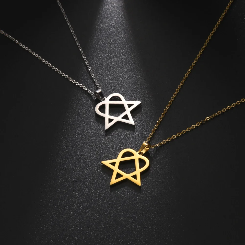 Skyrim Heart Pentagonal Pendant Necklace for Women Men Stainless Steel Gold Color Chain Choker Geometric Jewelry Wholesale