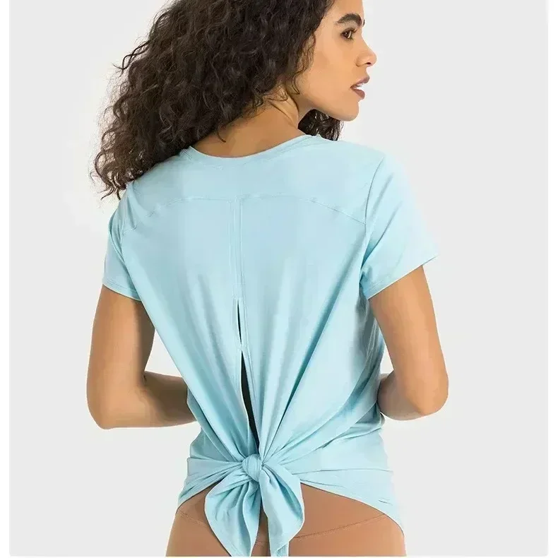 Mulheres leves casuais de volta atada camisetas tripulação pescoço camisas de manga curta yoga topo nu sentimento treinamento correndo ginásio wear