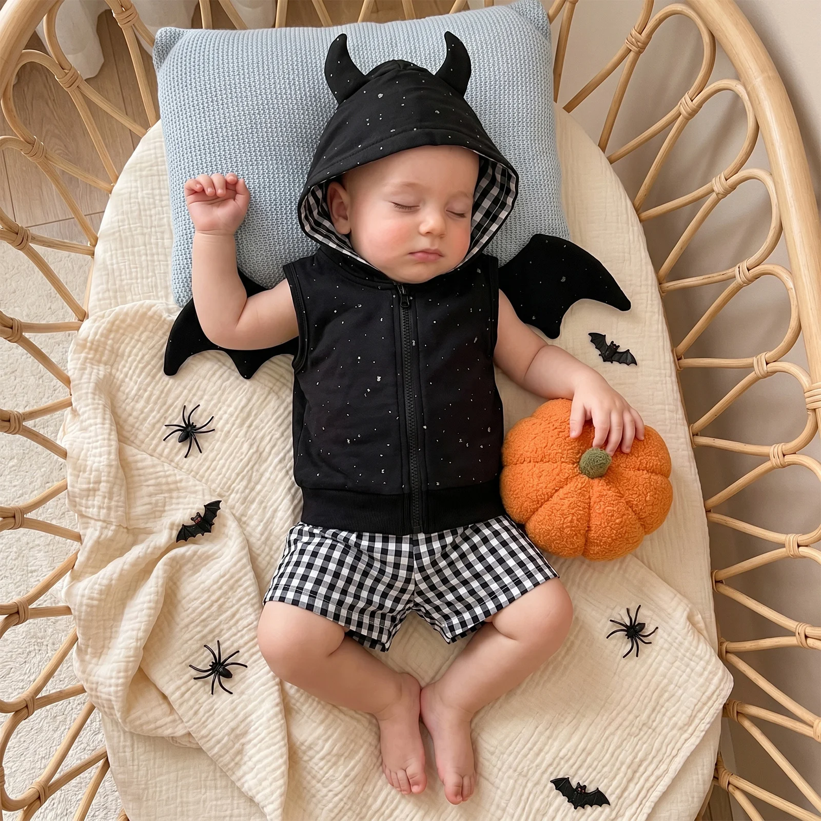 1-5Y Kids Boy Halloween Costume Sleeveless Hood Zip Tank Tops with Bat Wing Plaid Print Shorts Outfits 2 Piece Set