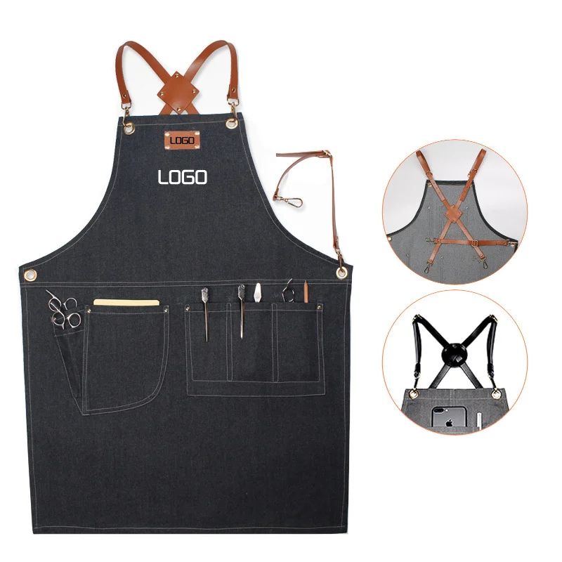 Apron coffee maker hairdresser restaurant floral work dress women's shoulder strap denim apron custom logo