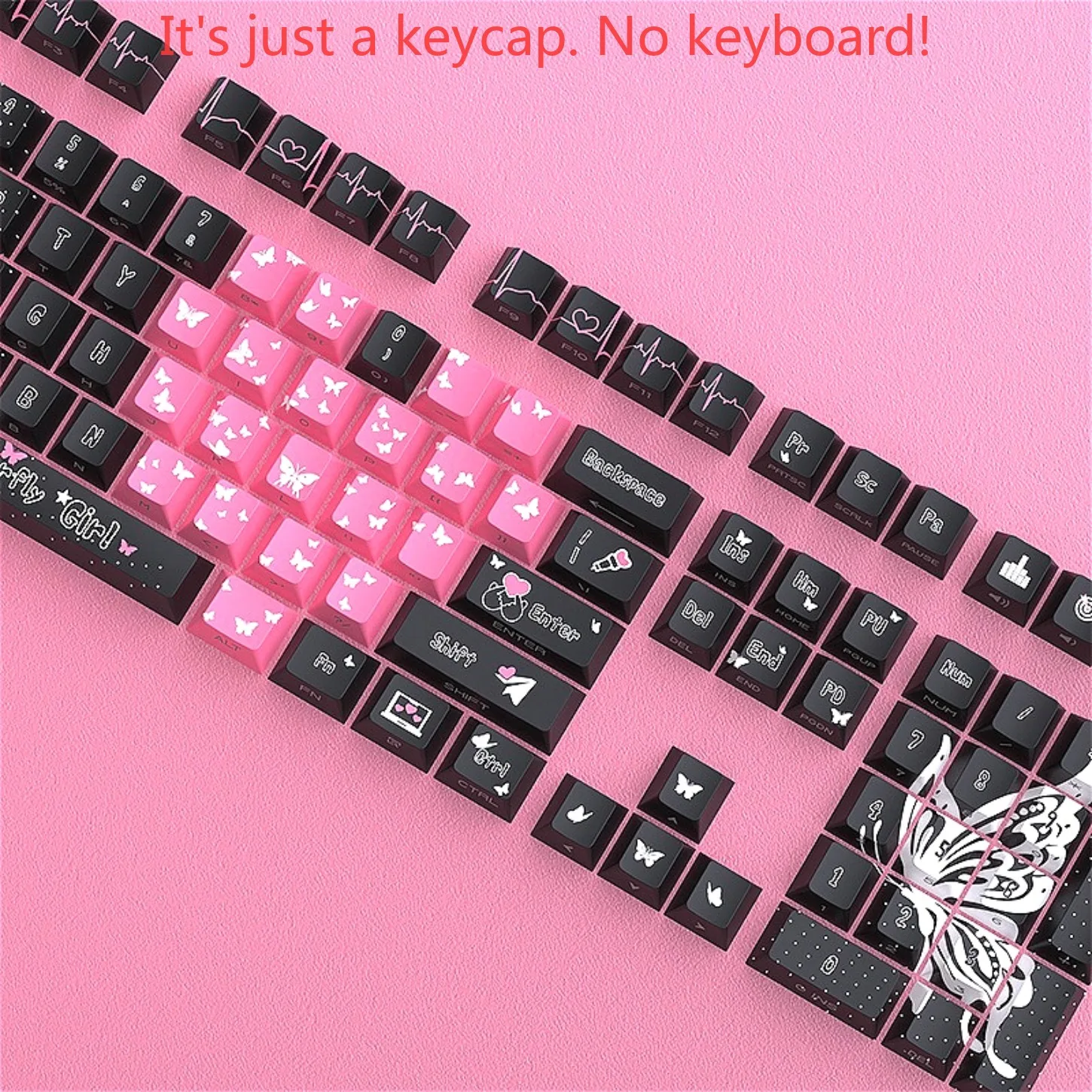 Peach Heart Girl Theme Cherry Black Keychain Kit PBT+PC 125 Key Side Carving Compatible with 60/64/84/98/108 Mechanical Keyboard