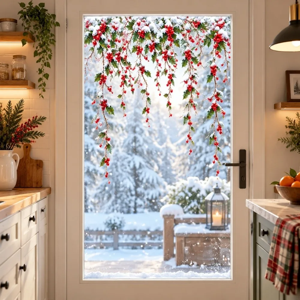 Red Berries Christmas Electrostatic Stickers Reusable Vivid Color Static Window Decals No-Glue PVC Holiday Stickers