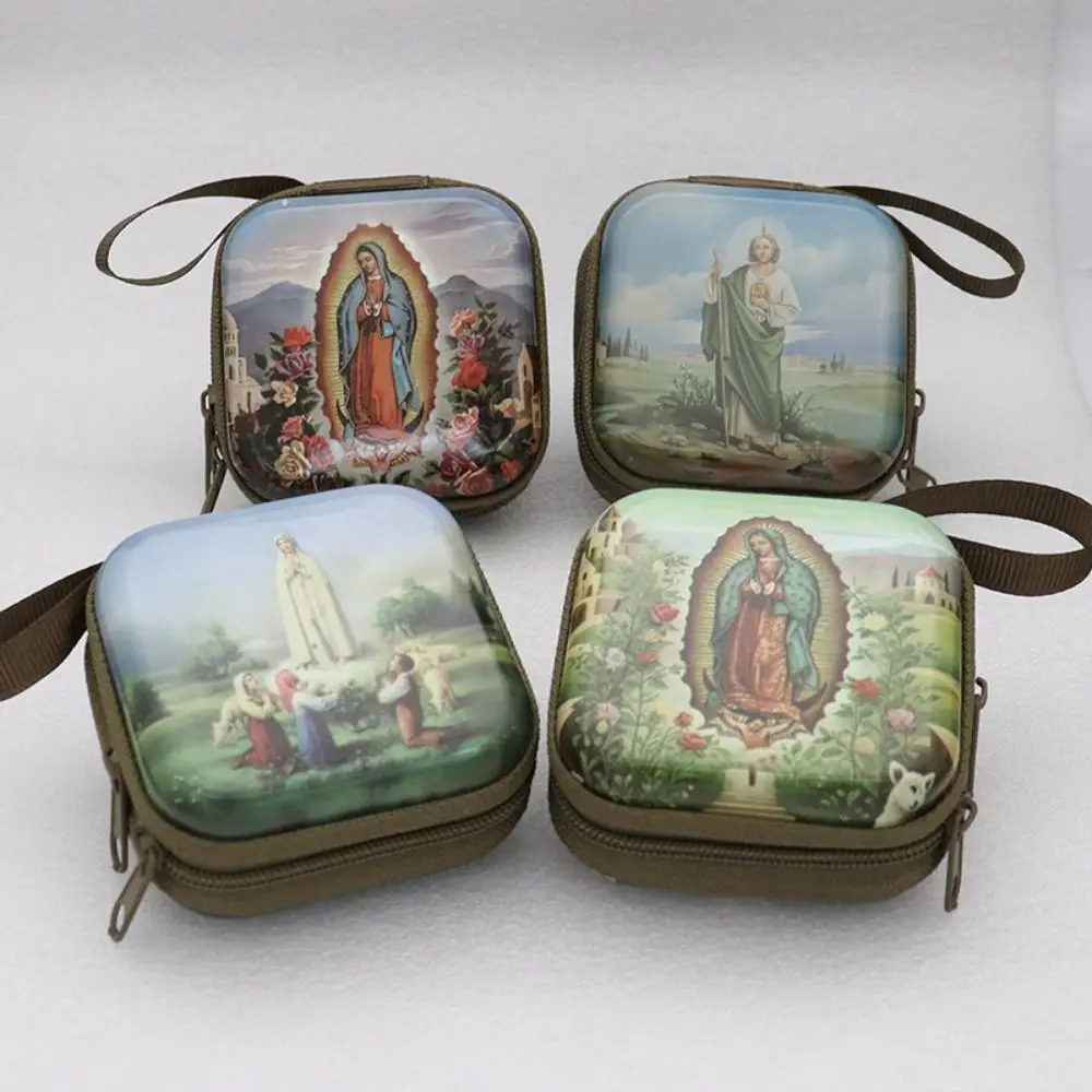 Virgin Mary Prayer Rosary Storage Bag Iron Artwork Zippered Religious Articles Elegant Cartoon Religious Jewelry Box