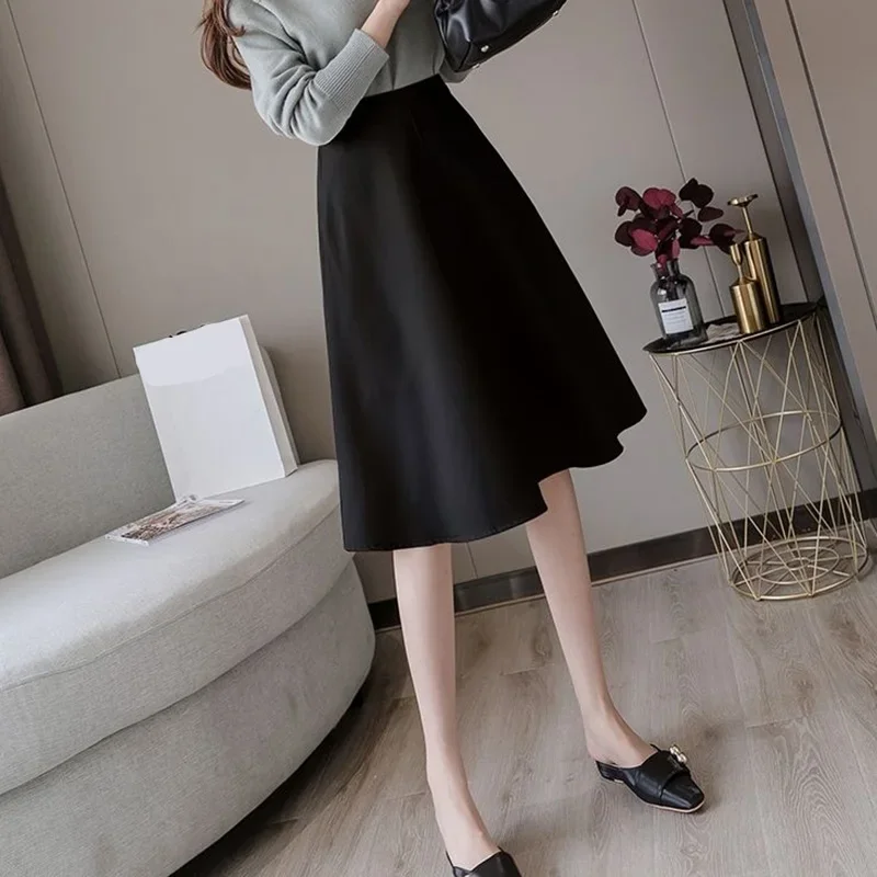 Vinatge Faux Suede Skirt for Women Autumn Winter A Line High Waist Skirts Woman Solid Color Knee Length Skirt Female