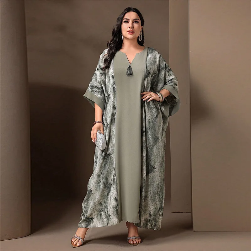 

2025 мусульманские новые модные женские повседневные модные элегантные свободные платья-пуловеры с длинными рукавами и принтом больших размеров, женская одежда Абая