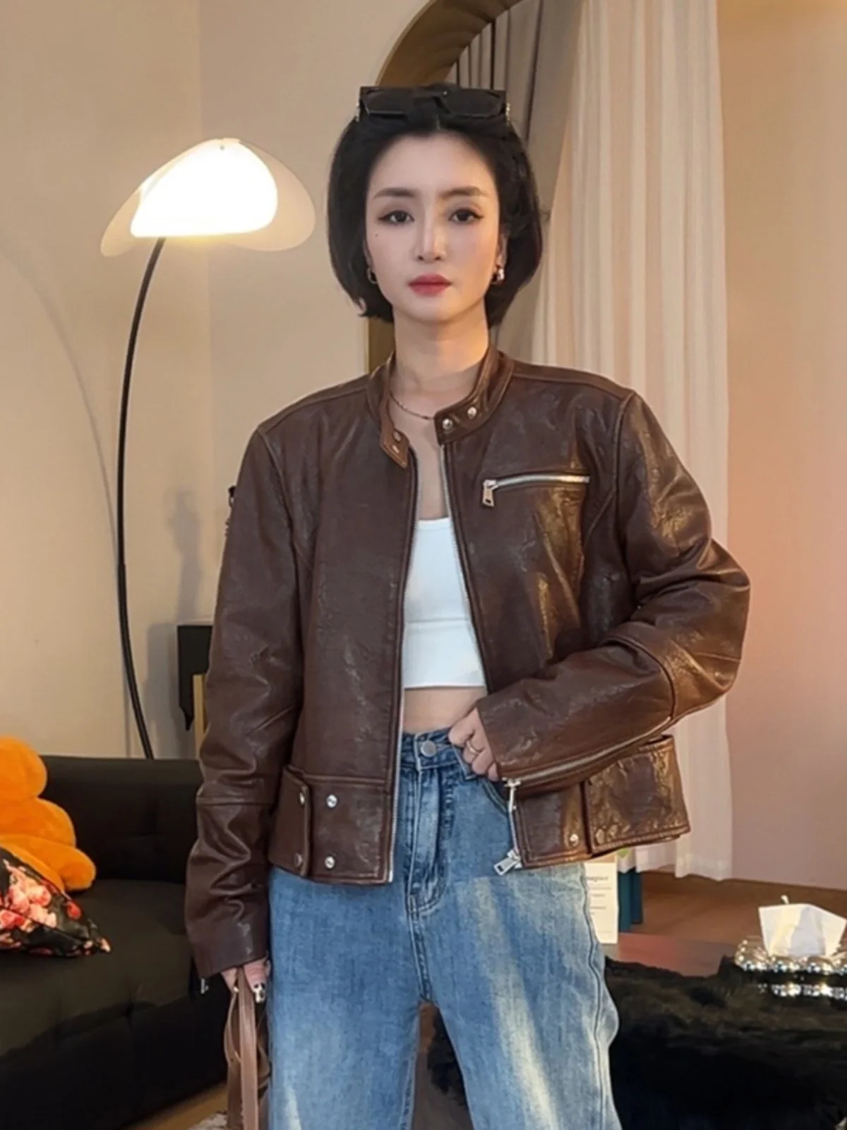 Giacca in Pelle Cerata alla Moda con Colletto Rialzato, Casual e Versatile, per Autunno e Inverno, con Cerniera e Taglio Dritto