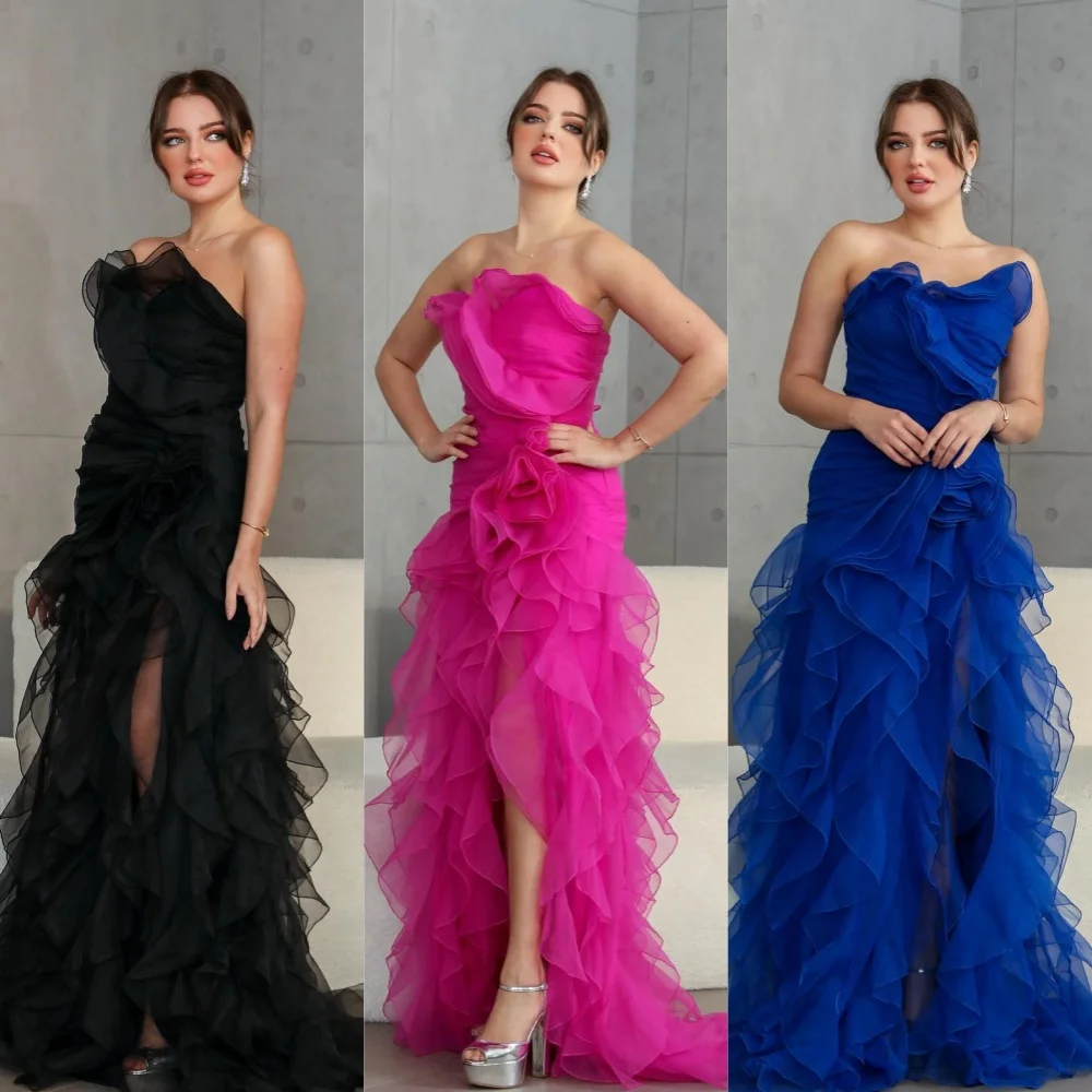 Organza Draped Pleat Ruched Homecoming A-line Strapless Bespoke Occasion Gown Long Dresses