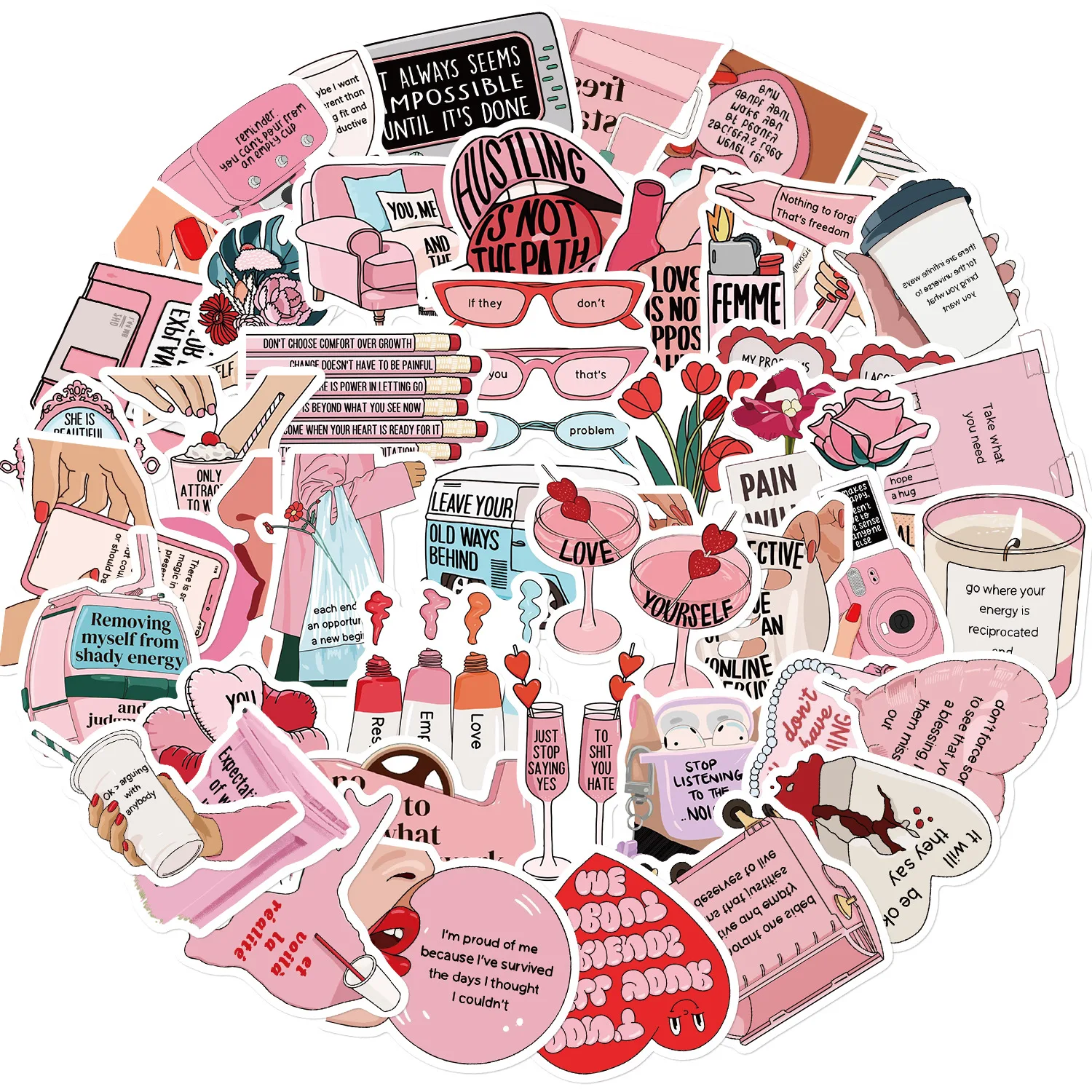 

50Pcs Aesthetic Cartoon Pink Motivational Stickers Positive Inspirational Stickers DIY Waterproof Decals For Laptop Skateboard