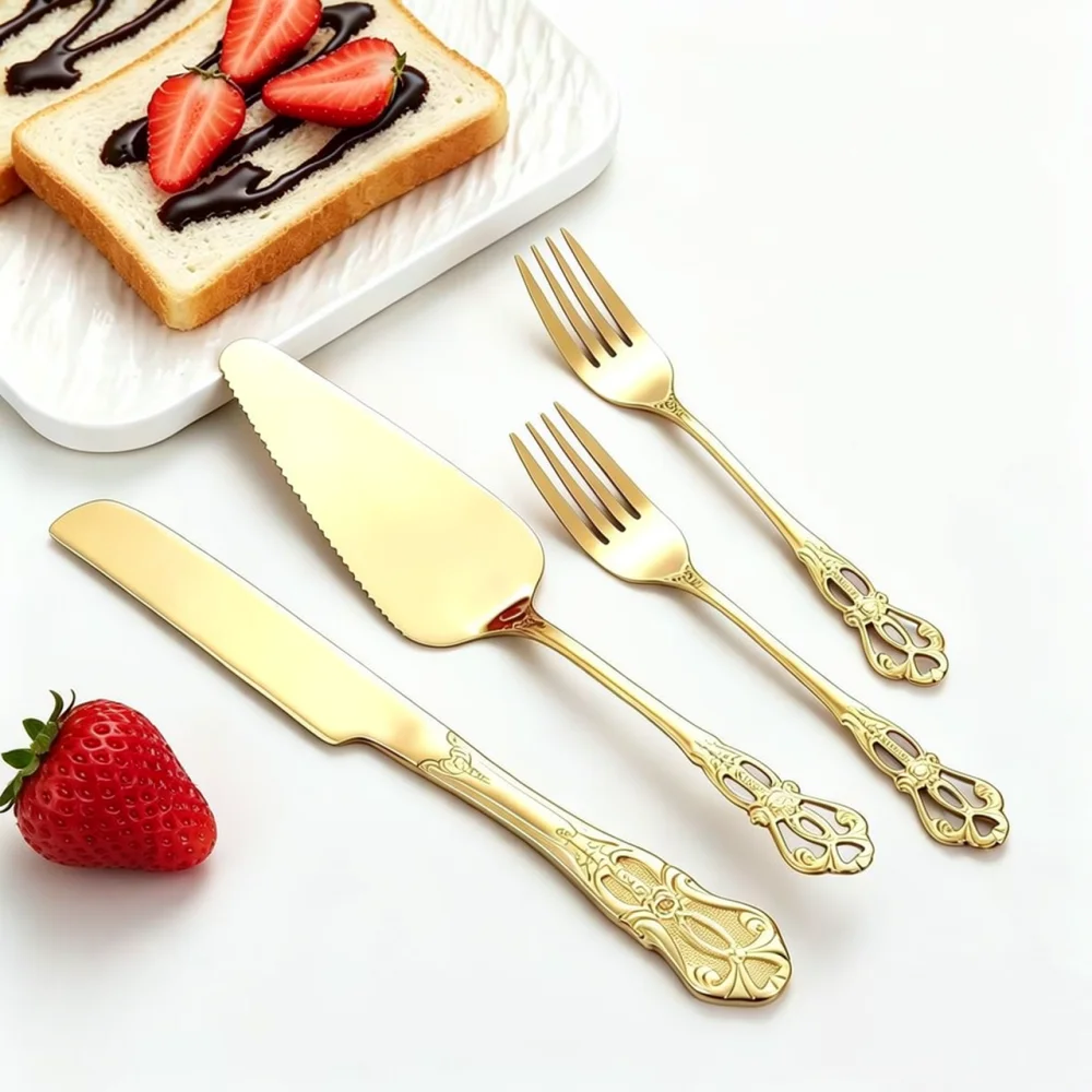 Vintage Palace Style Stainless Steel Cake Spatula Dessert Fork Set Gold Embossed Cutlery For Wedding Birthday Gift