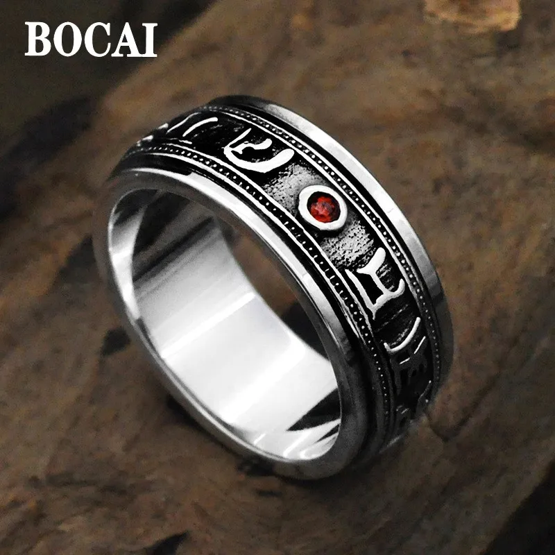 BOCAI 2022 Real S925 Silver Fashion Retro Thai Six-Character Mantra Vajra Mantra Trend Transfer Ring for Men and Women