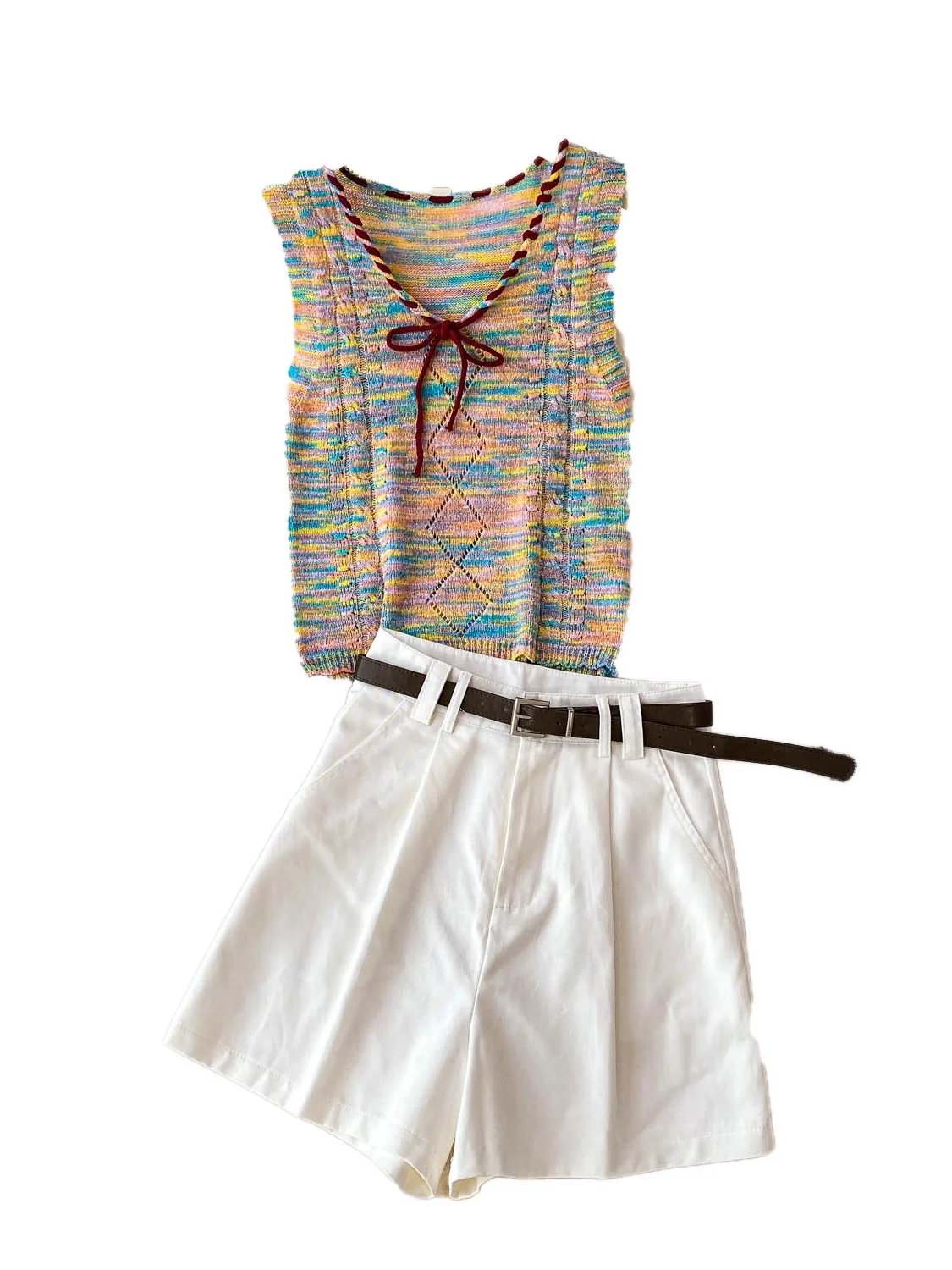 Sweet Spicy Girl Design Knot V-ne Svel Knitted Vest High Waist Wide Leg Jeans Set Women's Faion Two-piece Suit