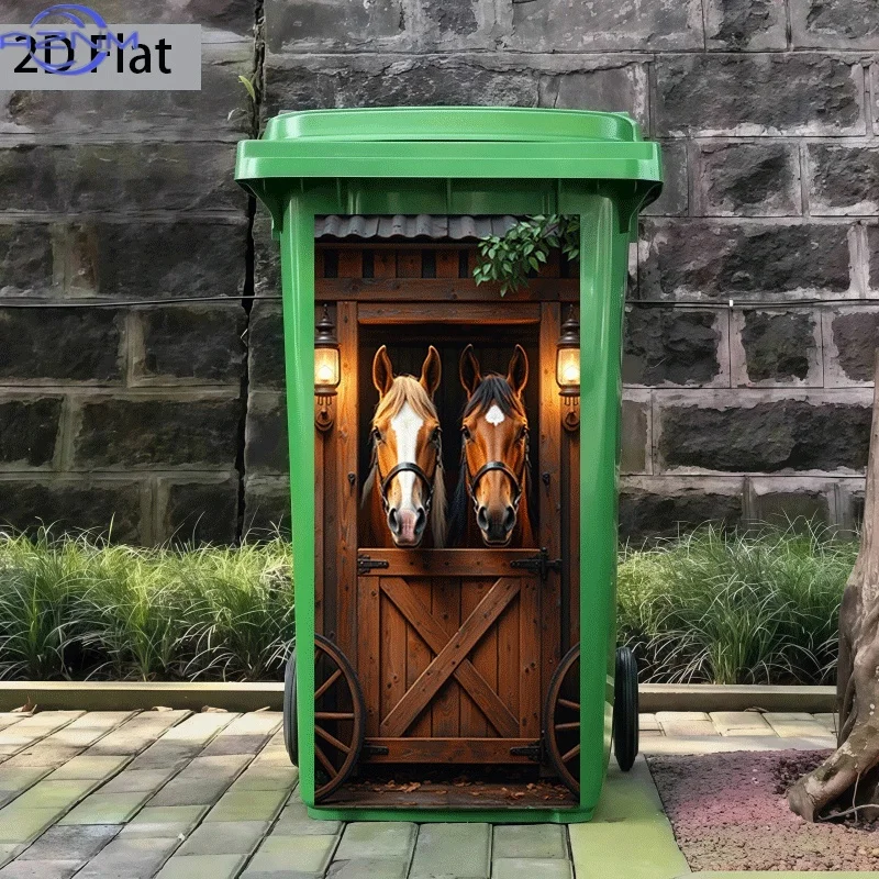 2D Flat Printing 1pc Trash Can Sticker  Double Horse Wooden Door Night Light Themed Design Self-Adhesive Wall Decal Wallpaper