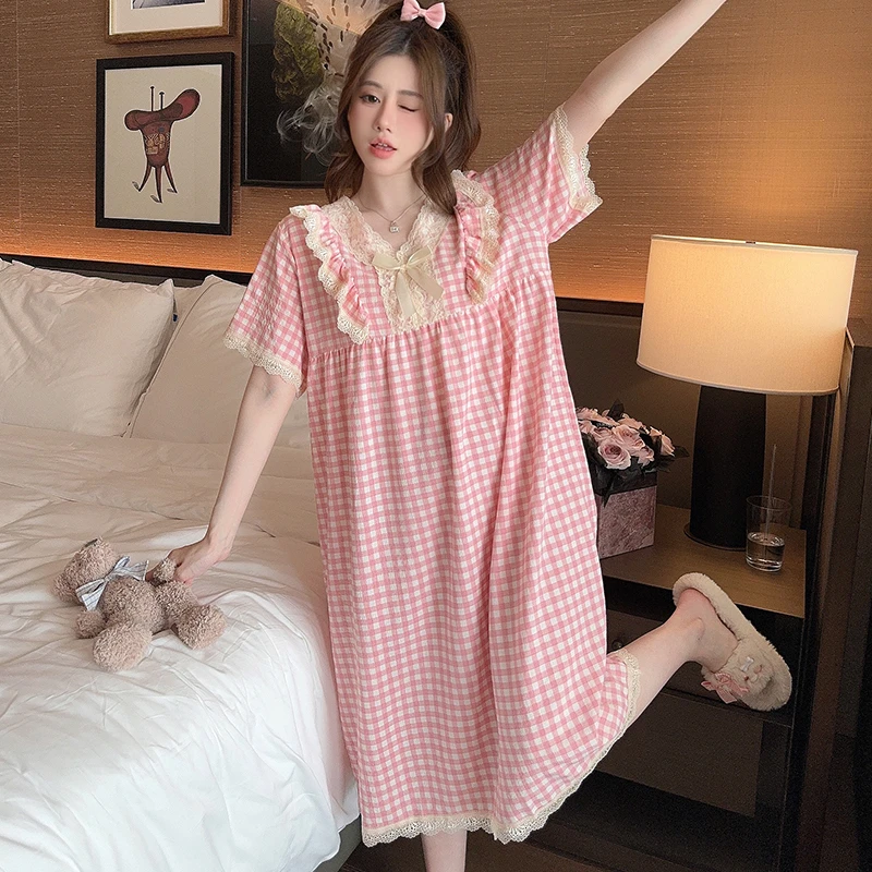 Grid Cherry Print Nightgown Sleepwear Womens Korean Style Ruffles Night Dress Pajamas Summer Short Sleeve Home Wear New In ﻿