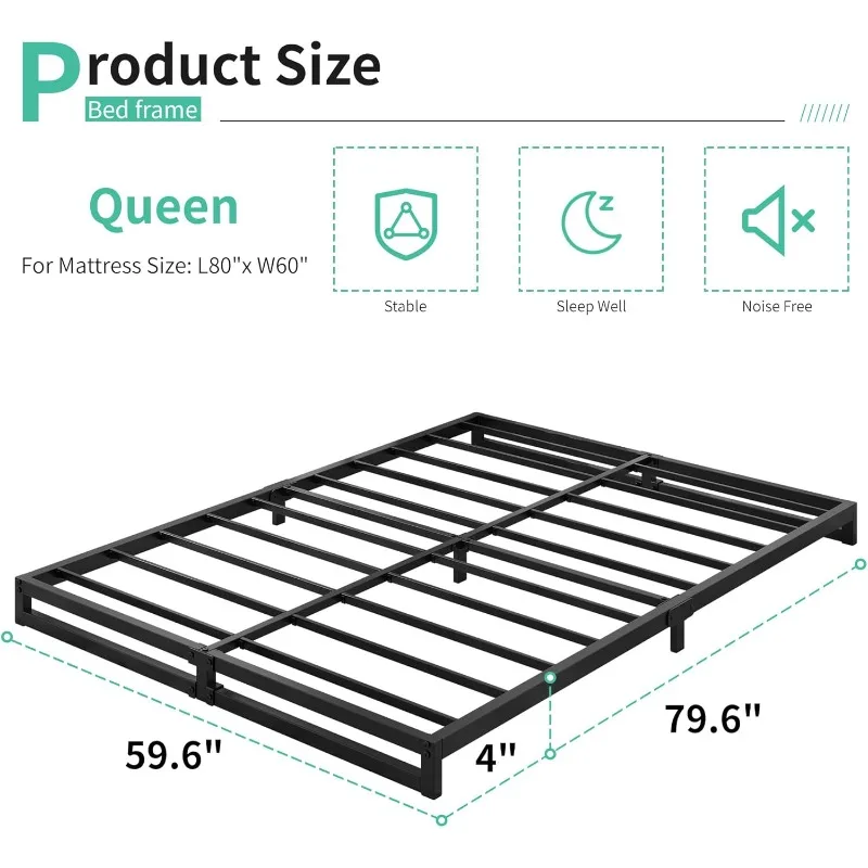 4 Inch Bed Frame Queen Size Heavy Duty Steel Slat Support Metal Platform Queen Bed Frame No Box Spring Needed, Easy Assembly