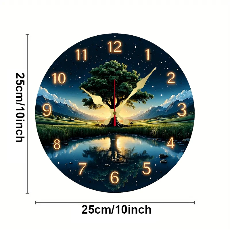 Orange Starry Sky Wooden Round Silent Hanging Wall Clock, Suitable For Living Room, Office, Study Room, Bedroom, Home Decoration