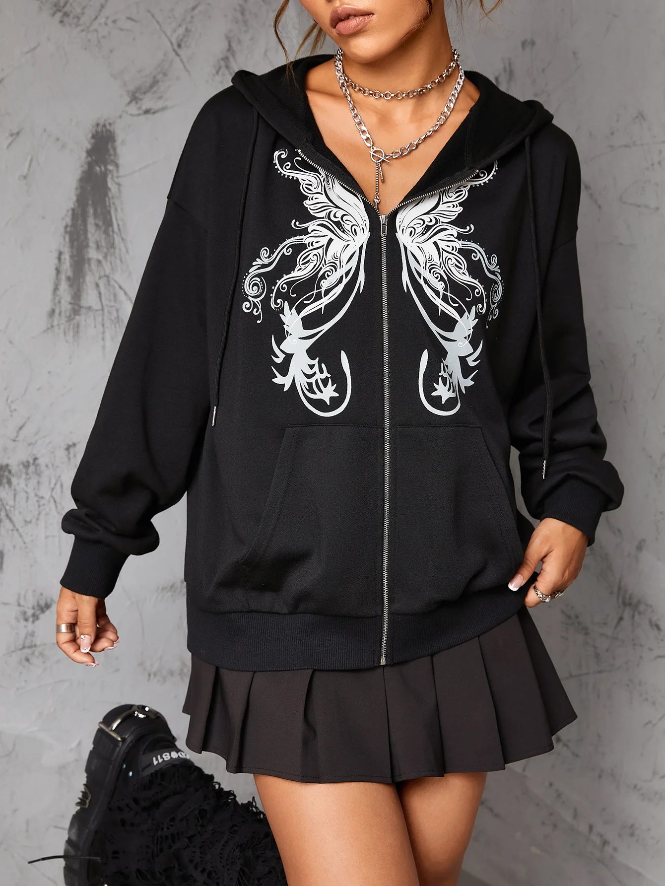 Bold Shade Dark Fairy Grunge Butterfly Autumn Hoodies Mall Gothic Zip-up Female Sweatshirts Y2k Black Kangaroo Pocket Cardigans