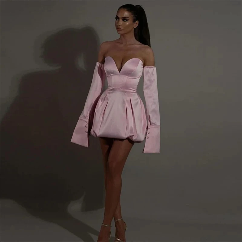 

2026 Customized Short Party Dress Pink Satin Pleats Vestidos De Fiesta for Women Removable Sleeves Cocktail Homecoming Dresses
