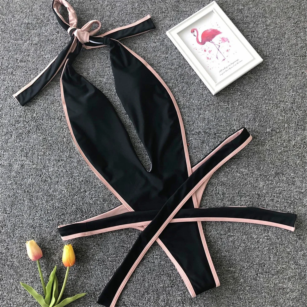 Sexy Bandage Bikini High Cut Extrem Monokini Deep-V Backless Swimsuit Halter Push Up Swimwear Women Beach Outfit Vacation Outfit