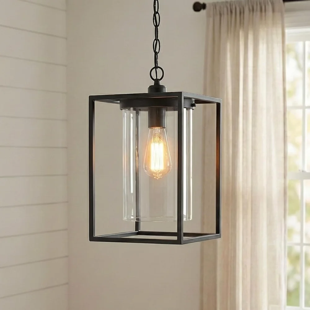 1 Pack Industrial Pendant Light for Kitchen Island, Black Farmhouse Hanging Light Fixture, Modern Metal Cage Lantern Chandelier with Glass Shade for Dining Room, Entryway(not included bulbs)