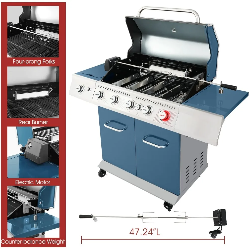 GA5403B 5-Burner BBQ kabinet gaya Gas propana Grill dengan Rotisserie Kit, Sear Burner, belakang Burner dan sisi Burner