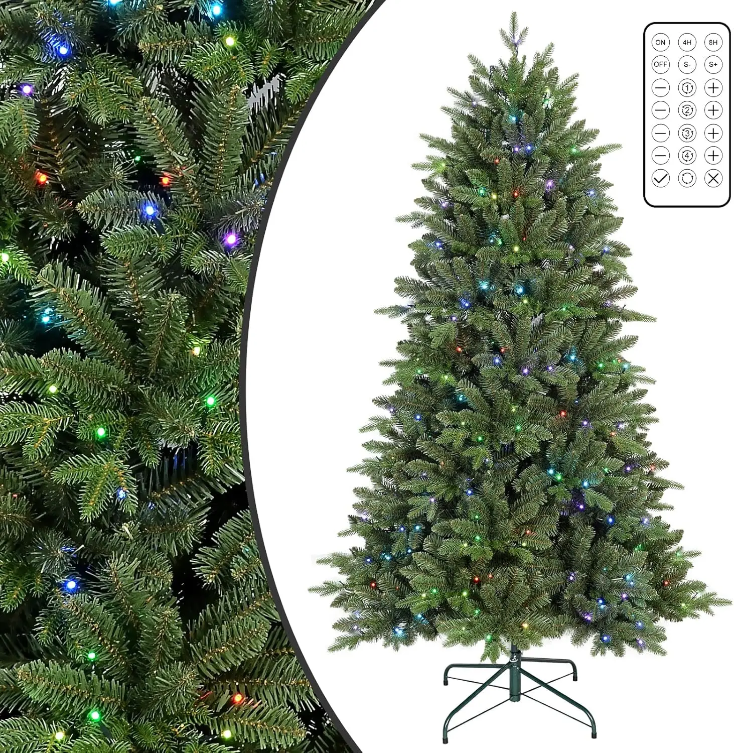 7ft Prelit Christmas Tree with Remote Control Artificial Fake Christmas Tree with 340 Multi-Color LED Lights, 48 Col