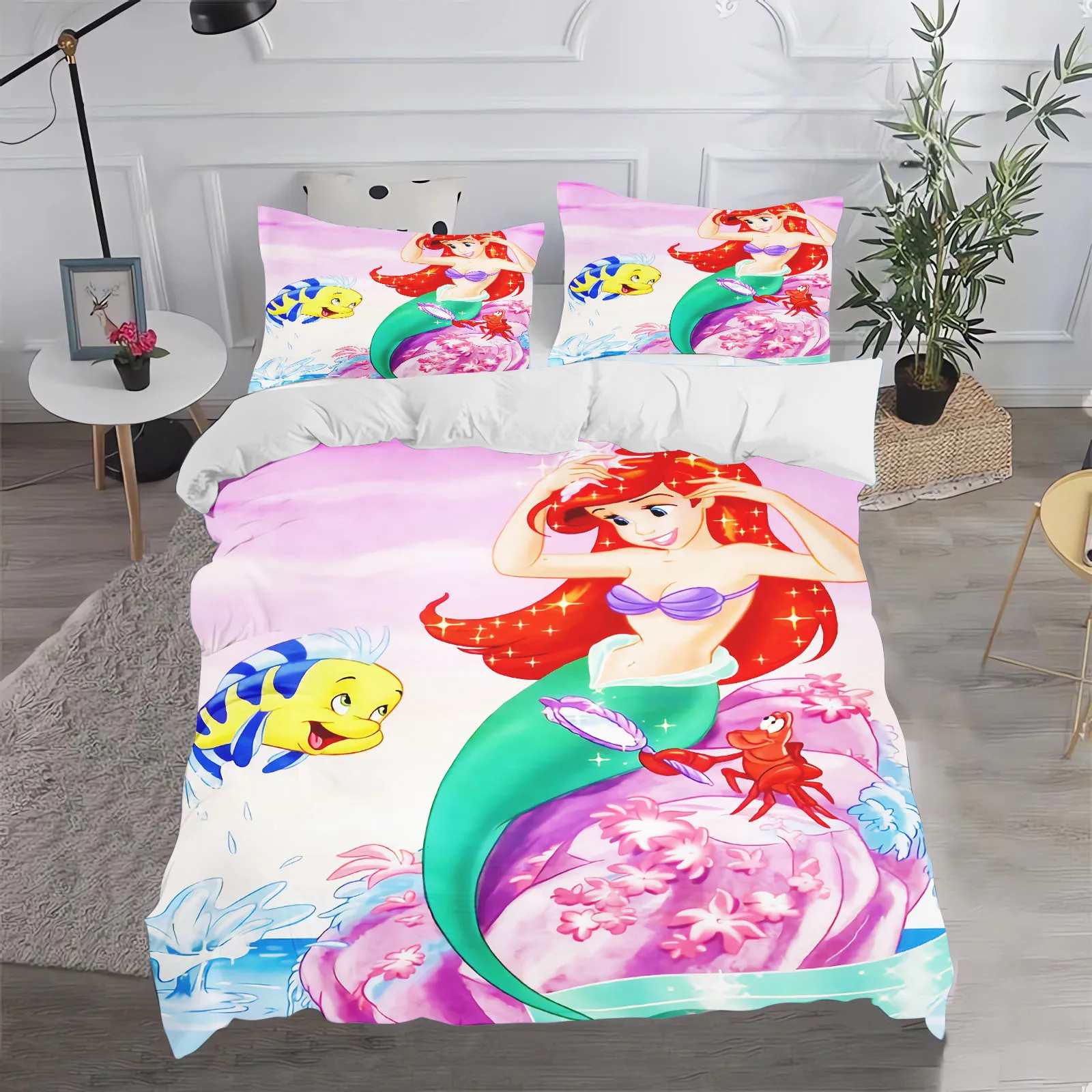 

Princess Ariel Mermaid Anime Bedding Set 100% Polyester Duvet Cover Queen Size 3-Piece Set 1 Quilt Cover Cute Printed Cartoon