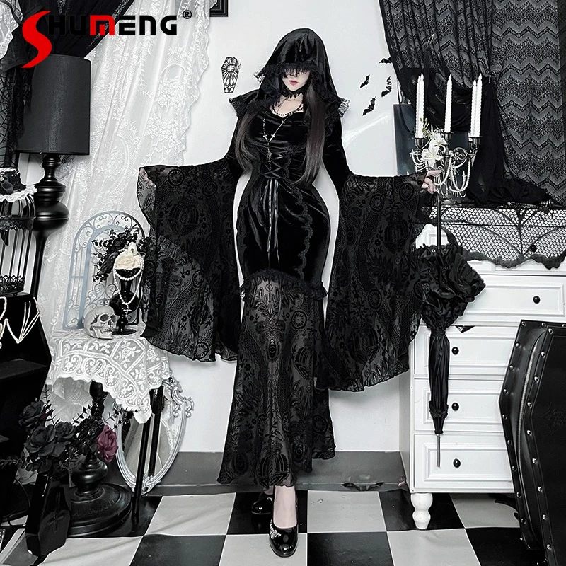 

Solid Black Cool Long-sleeves V-neck Vestidos Halloween Costume Dark Witch Cosplay Gothic Lace Dress Outfit Long Dresses Ladies