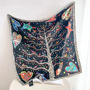 Luxury Love Tree Printing Designer 90 Square Scarf Women's Silk Starting Head Shawls Involves Neck Cachecis Hijab Banda Pashmina Handband 10 Main Sales Her Escape Pin - №5
