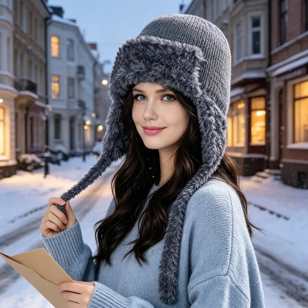 Windproof Knitted Beanies Women’s Wool Blend Trapper Hat with Ear Flaps Fuzzy Trim Winter Knit Hat Warm Weather for Women