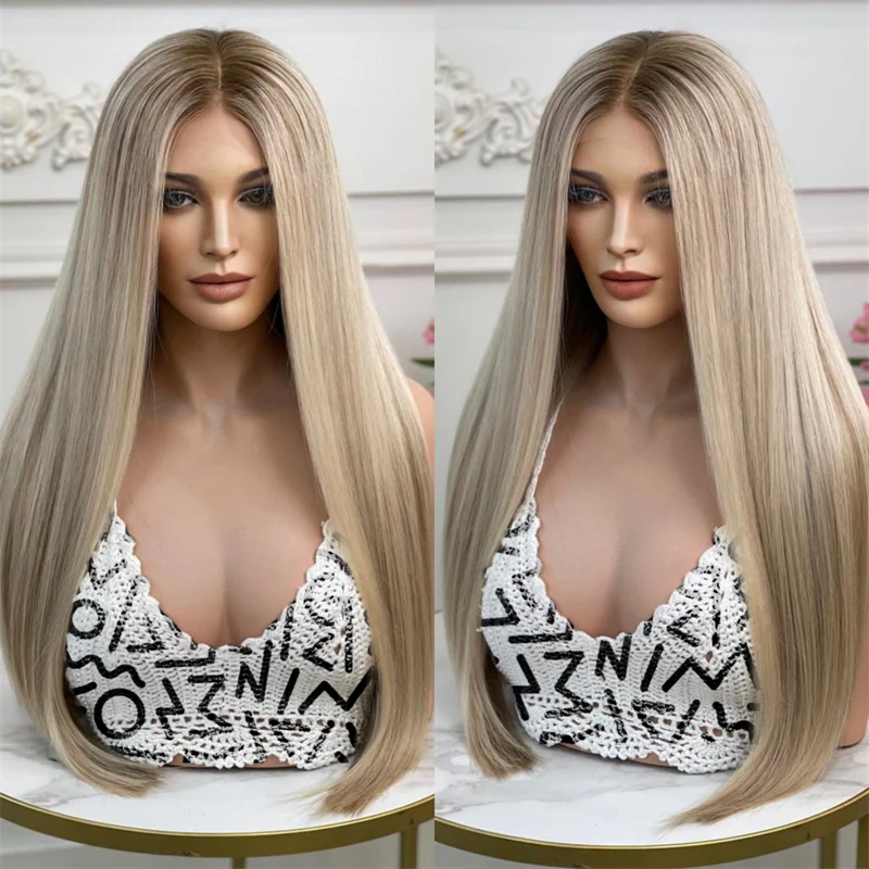 

Высококачественный бесклеевой синтетический парик Ombre Ash Blonde Мягкий HD парик фронта шнурка Длинный прямой парик боб для женщин 150 Плотность 24 дюйма