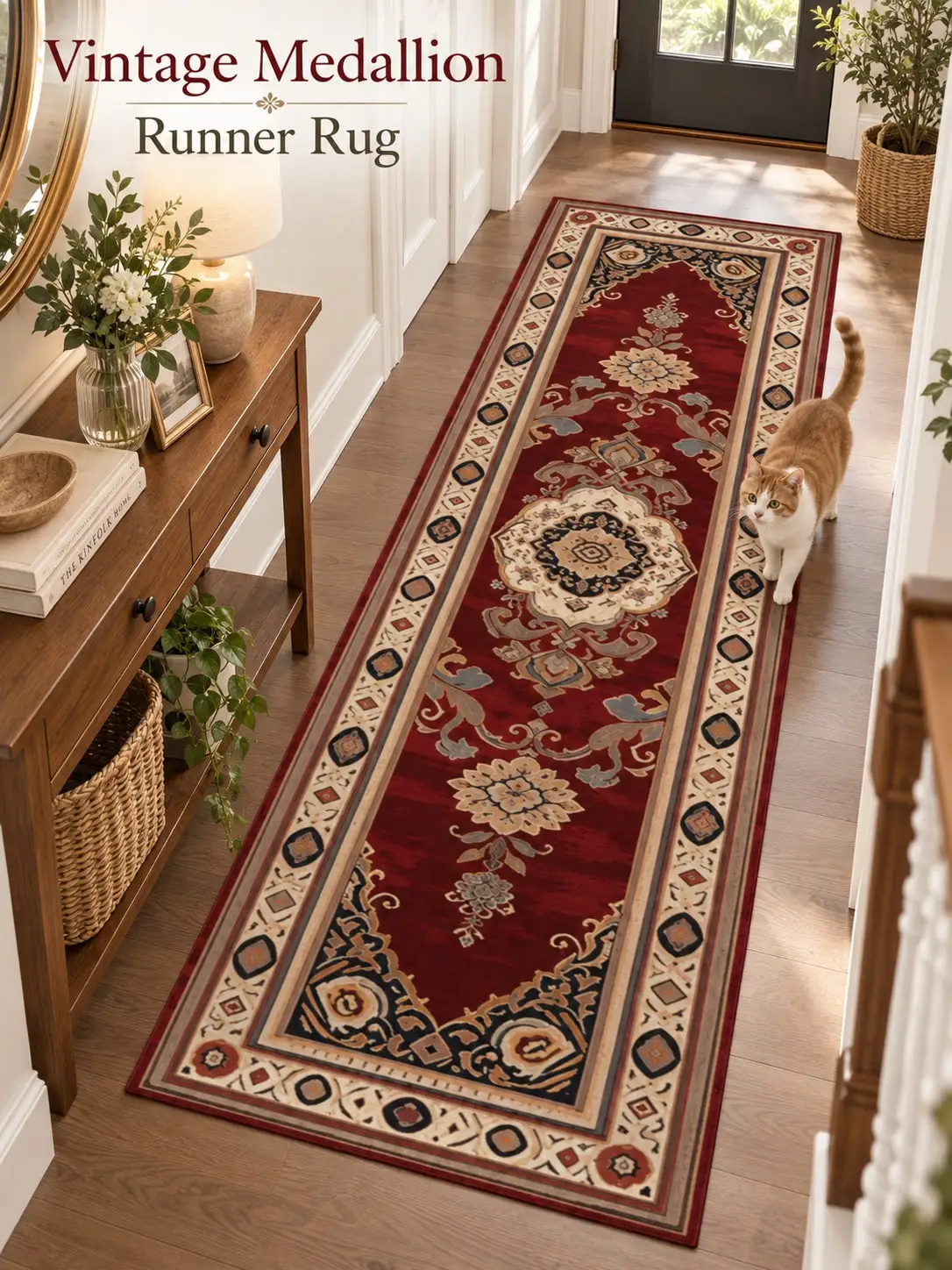 Vintage Medallion Aisle Runners Floral Scroll Border Long Carpet Runner Rugs Hallway Entryway Kitchen Laundry Room Corridor Living Foyer Floor Mat Home Decor Passage Christmas Halloween Thanksgiving Anniversary Birthday Gifts for Family Friends