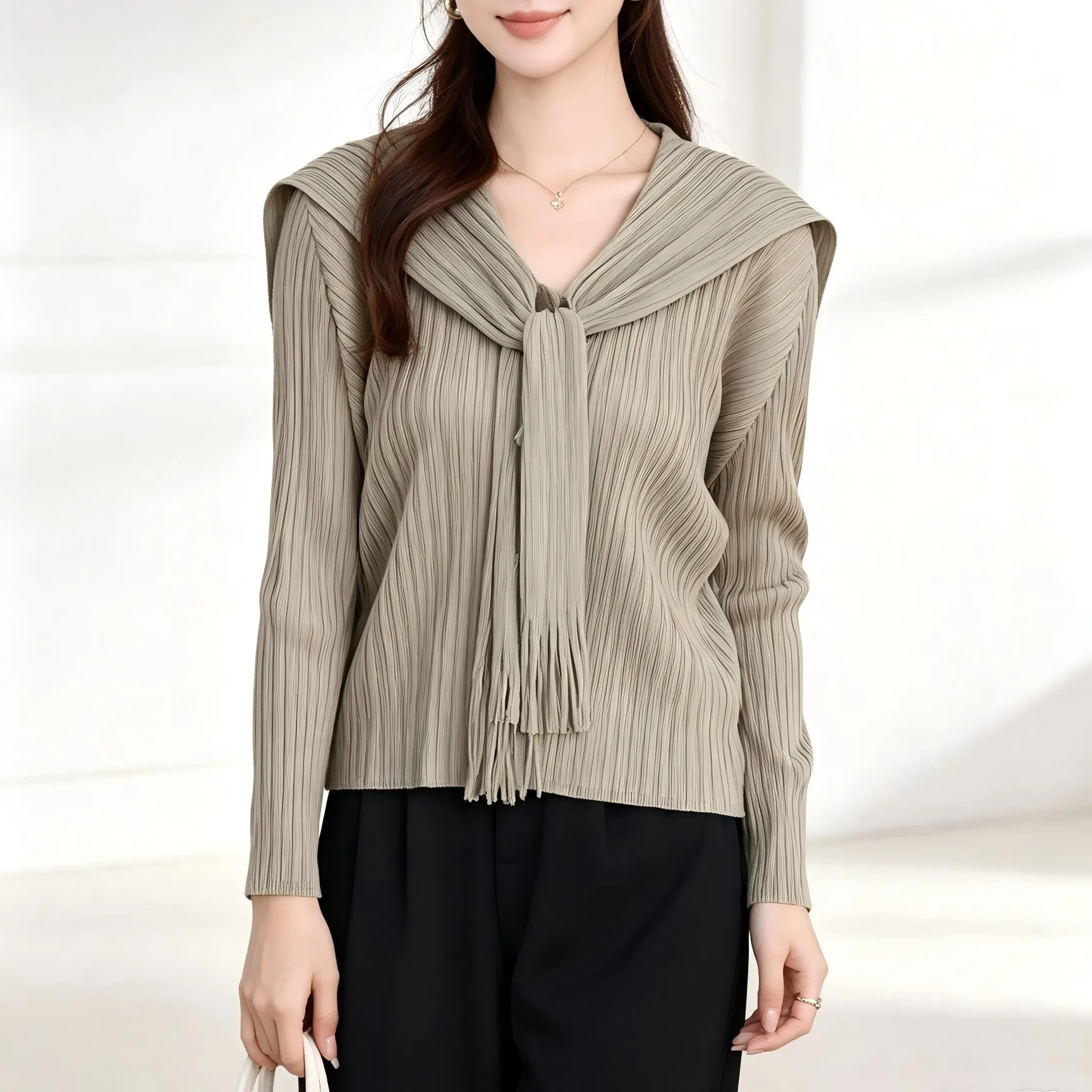 Miyake Pleated Blouse Women Sailor Collar Tie Tassel Detail V‑Neck Long‑Sleeve Loose Wrinkle‑Resistant Casual Ladies Top Shirt