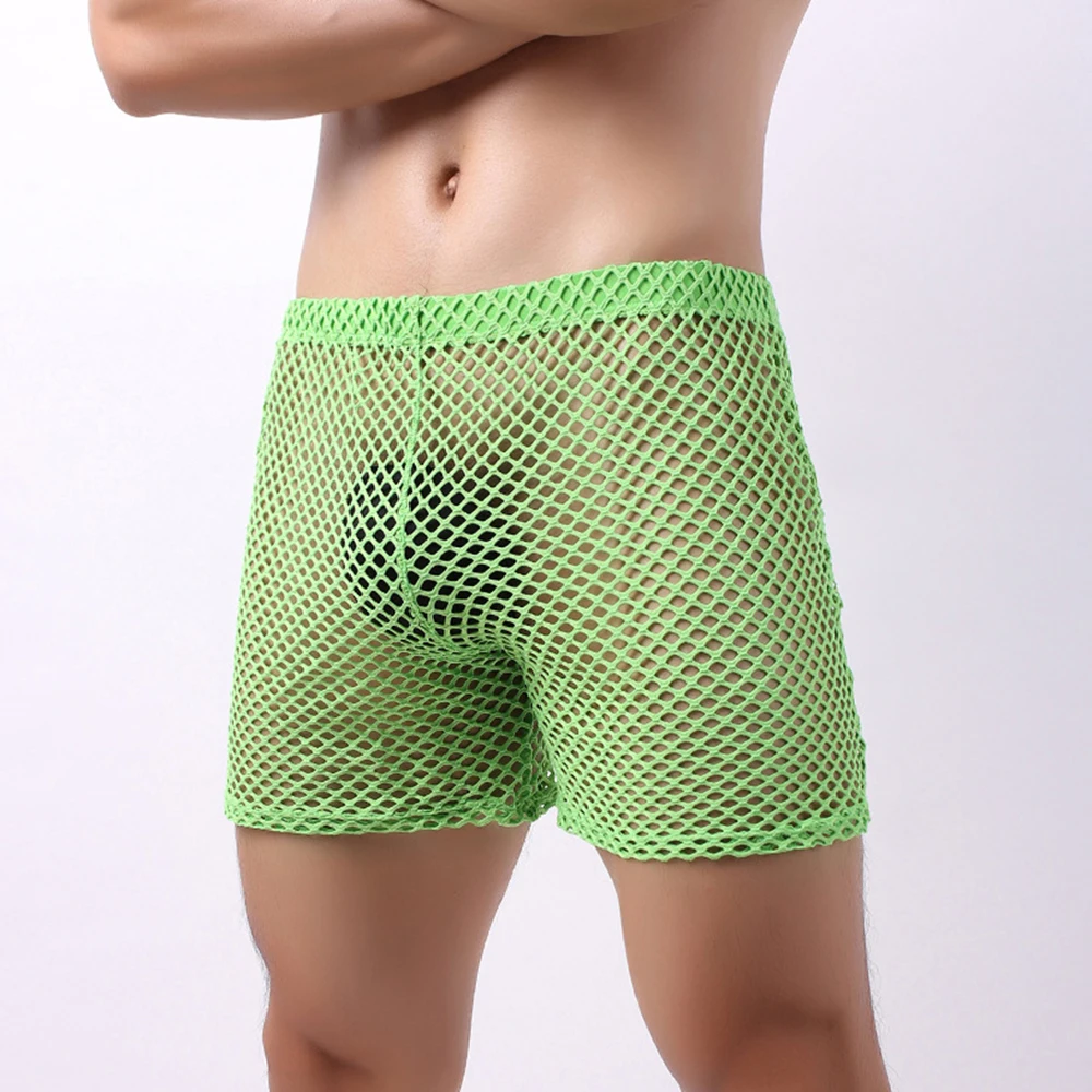 

Men Mesh See Through Boxers Trunks Shorts Underwear Translucent Home Pajamas Sexy Sports Fishnets Hollow Out Long Leg Boxers