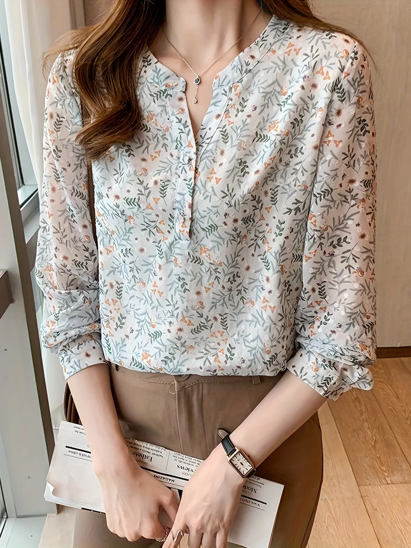 New elegant flower printing shirts for ladies Fashion V-neck Women\'s chiffon Blouses Spring Autumn Long Sleeve Tops Blusas Mujer