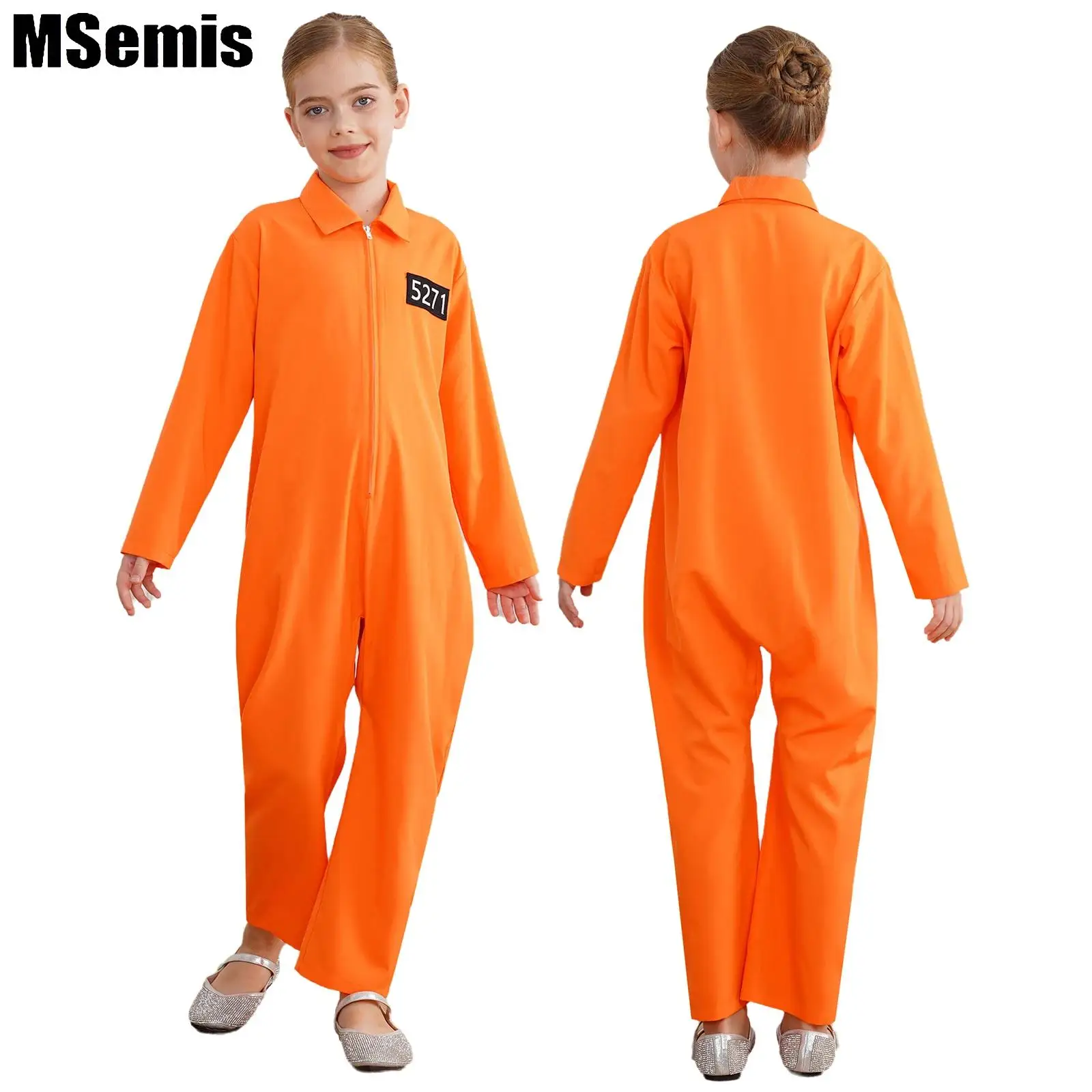 

Prisoner Costume for Kids Boys Girls Halloween Orange Prison Jumpsuit Jailbird Inmate Uniform Fancy Cosplay Zipper Full Bodysuit