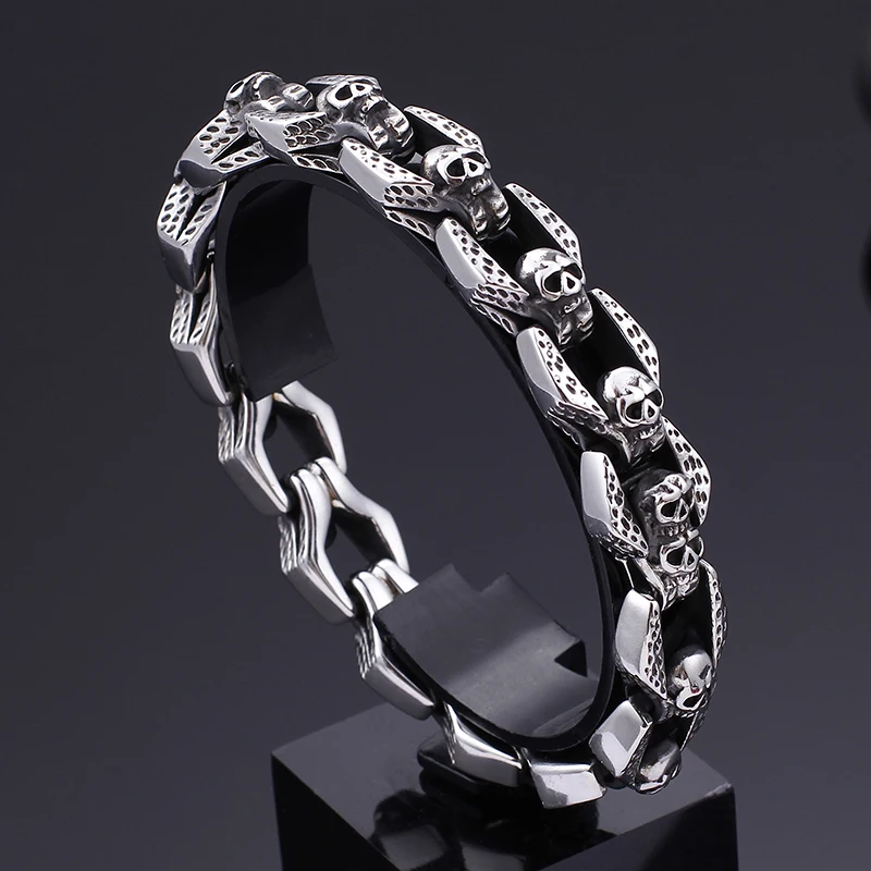 Fongten 22cm Punk Men Bracelet Stainless Steel Skull Wristband Charm Chain Bracelets Bangle Silver Color Gothic Jewelry