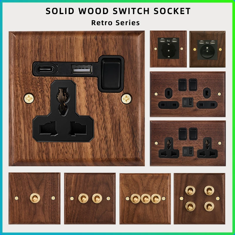 

Black walnut retro European retro wall lamp switch socket, solid wood brass toggle switch board 1-4Gang 2Way antique home switch