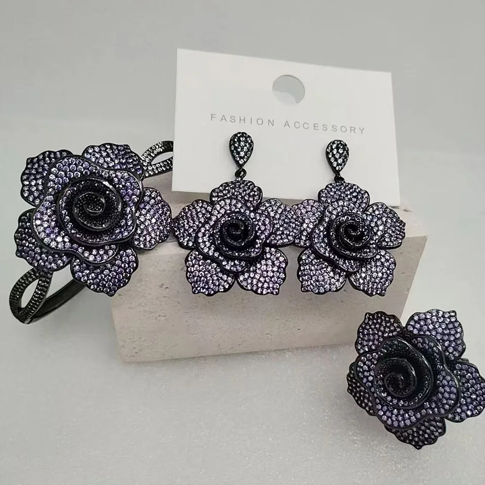 Zlxgirl Brand rose flower Earring Bangle ring jewelry sets for women wedding bridal bijoux fashion Women's accessory gift
