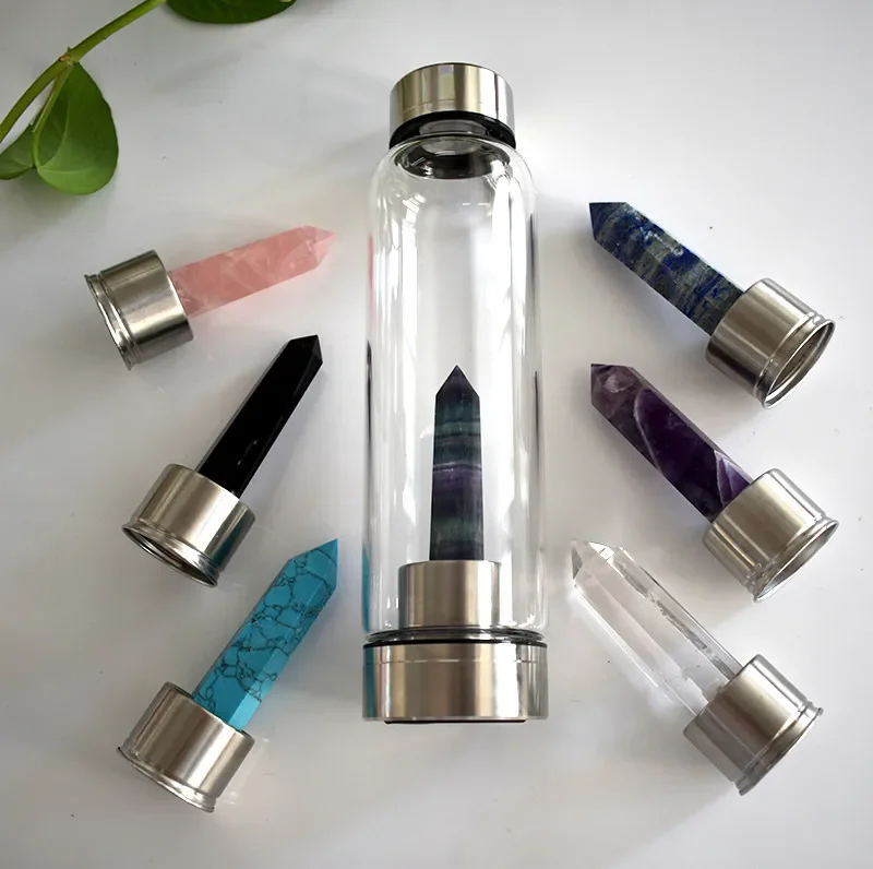 

500ml Crystal Infused Stainless Steel Water Bottle with Removable Quartz Wand Energy Healing Chakra Balanced and Reusable