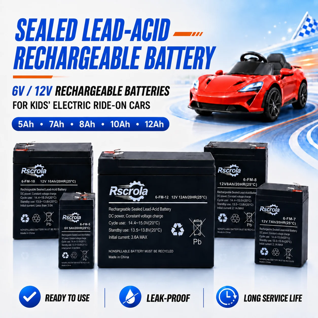 New 6V 12V Rechargeable Battery 5Ah 7Ah 8Ah 12Ah Sealed Lead Acid Replacement for Kids Ride On Car Motorcycle Stroller