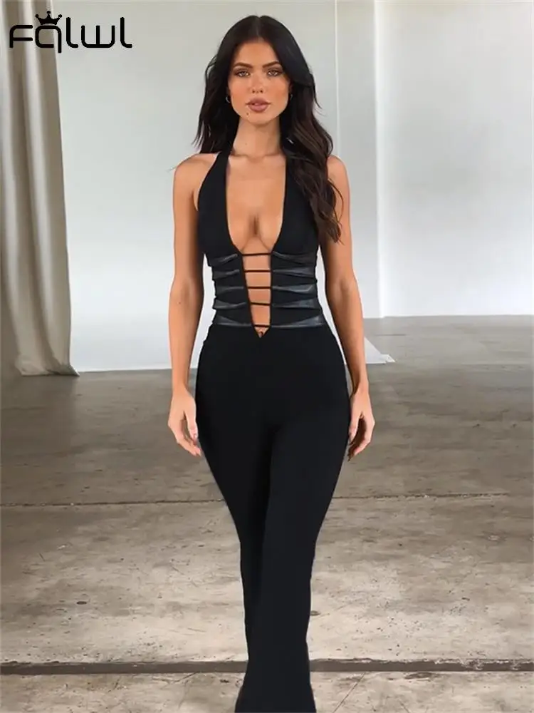 

Habbris Sexy Black Halter Patchwork Backless Jumpsuits Club Clothing For Women 2023 V Neck Hollow Out Bandage Jumpsuit Bodycon