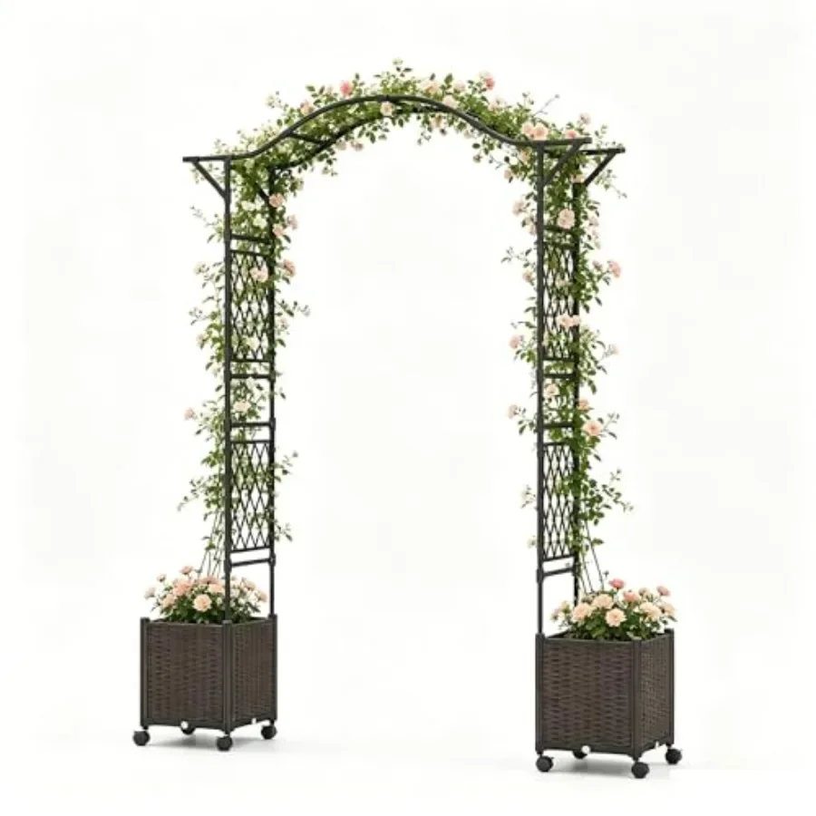 Garden Arch Trellis for Climbing Plants, Metal, Black, Outdoor Decorative Archway with Self-Watering Planter Boxes Wheels, 82 L
