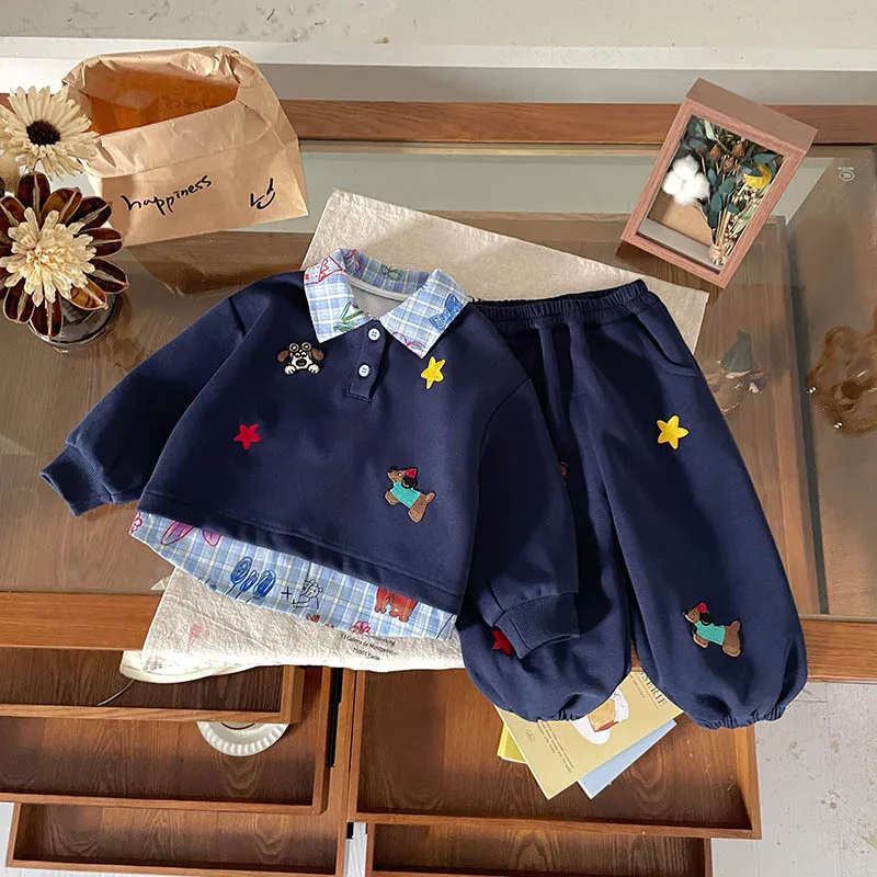 

Детские осенние комплекты для маленьких мальчиков, новый свитшот-поло с мультяшным принтом + штаны с эластичной резинкой на талии, комплекты для маленьких мальчиков с длинными рукавами, комплекты для маленьких мальчиков