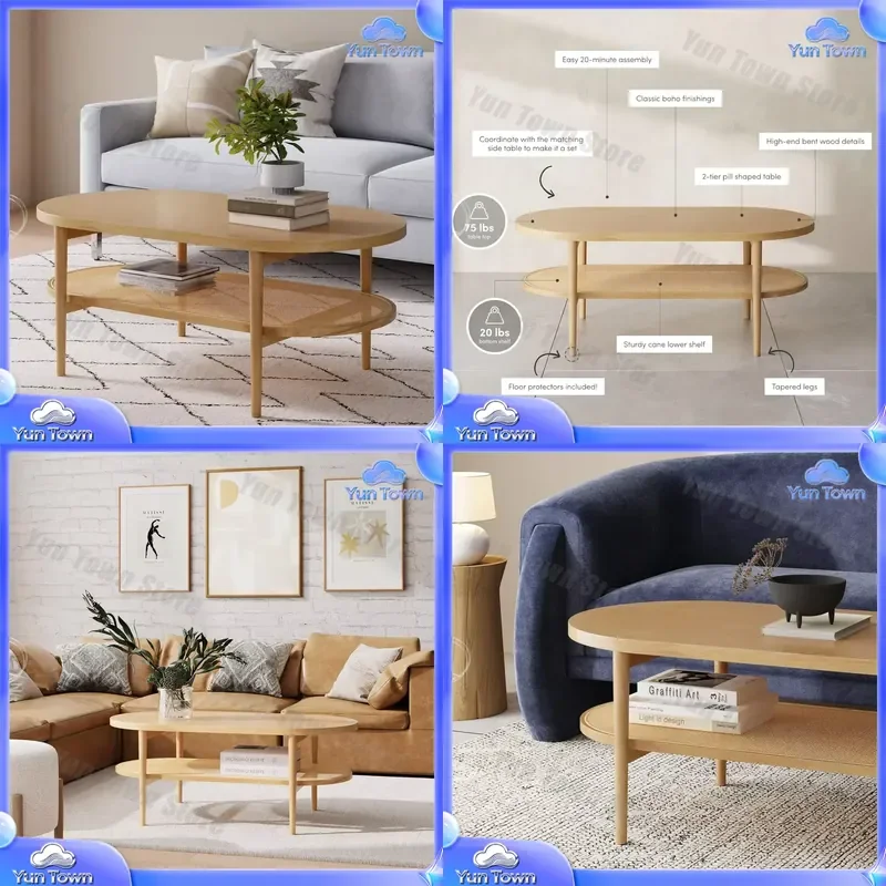 Light Wood Rattan Coffee Table for Living Room Double Wooden Decorative Table with Open Storage for Modern Home Furniture