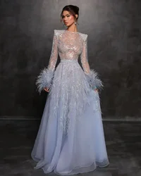 Customized Crew Neck Prom Dresses Shinny Sequins See Long Sleeves Cocktail Party Evening Dress with Feathers Celebrity Gowns